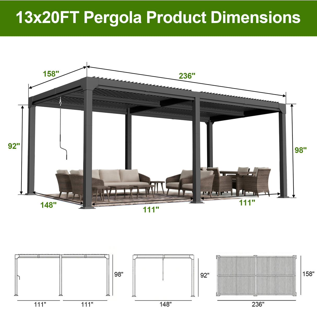 Patioslife Atlantic | Metal Louvered Pergola with Adjustable Roof, Freestanding All-Weather Shelter for Deck, Patio & Poolside