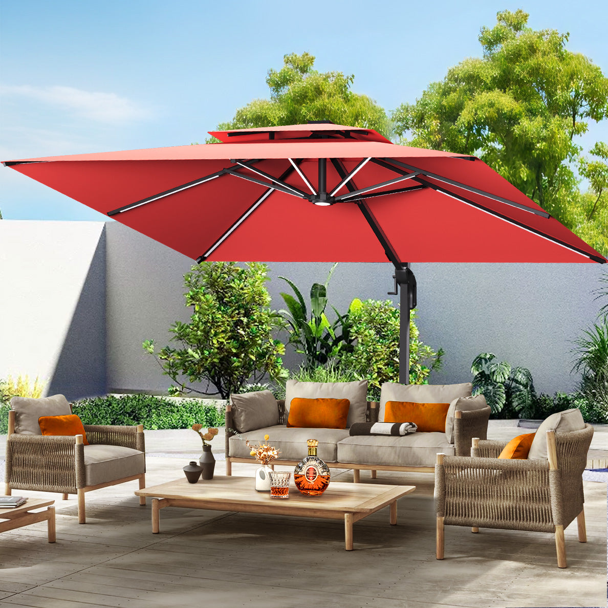 Patioslife Aegis Pro™ Premium Cantilever Umbrella with LED Strip Lights, Fibreglass Ribs & Powder-Coated Aluminium Pole — Luxury Garden & Patio Shade