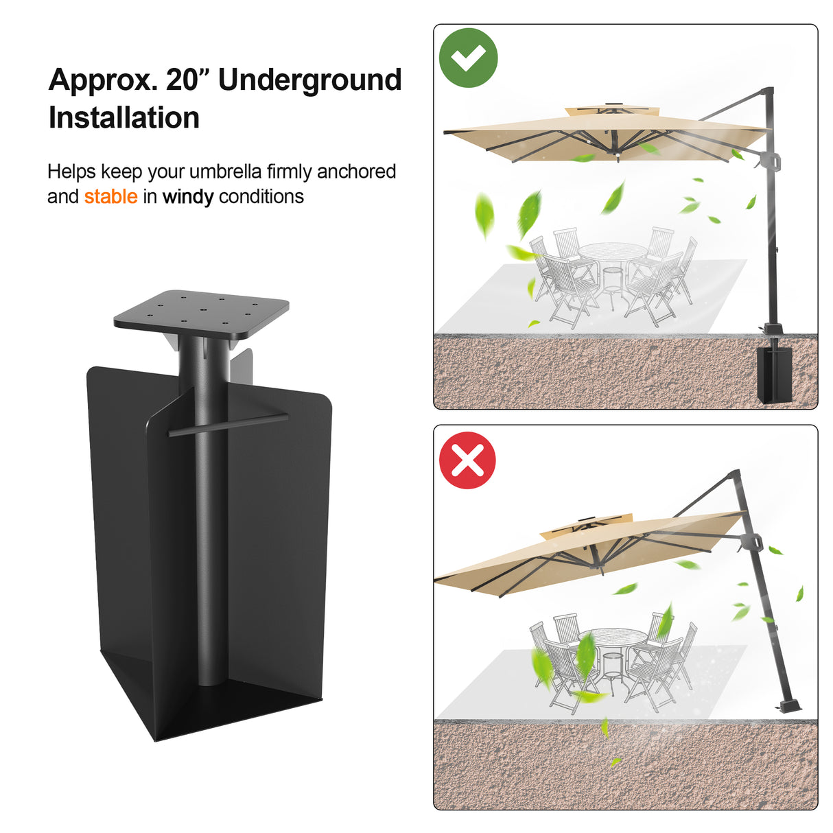 Patioslife Aegis Heavy Duty In-Ground Umbrella Base for Cantilever Parasols – 24-Inch Deep Dual-Coated Steel – Maximum Wind Resistance & Secure Concrete Ground Mount