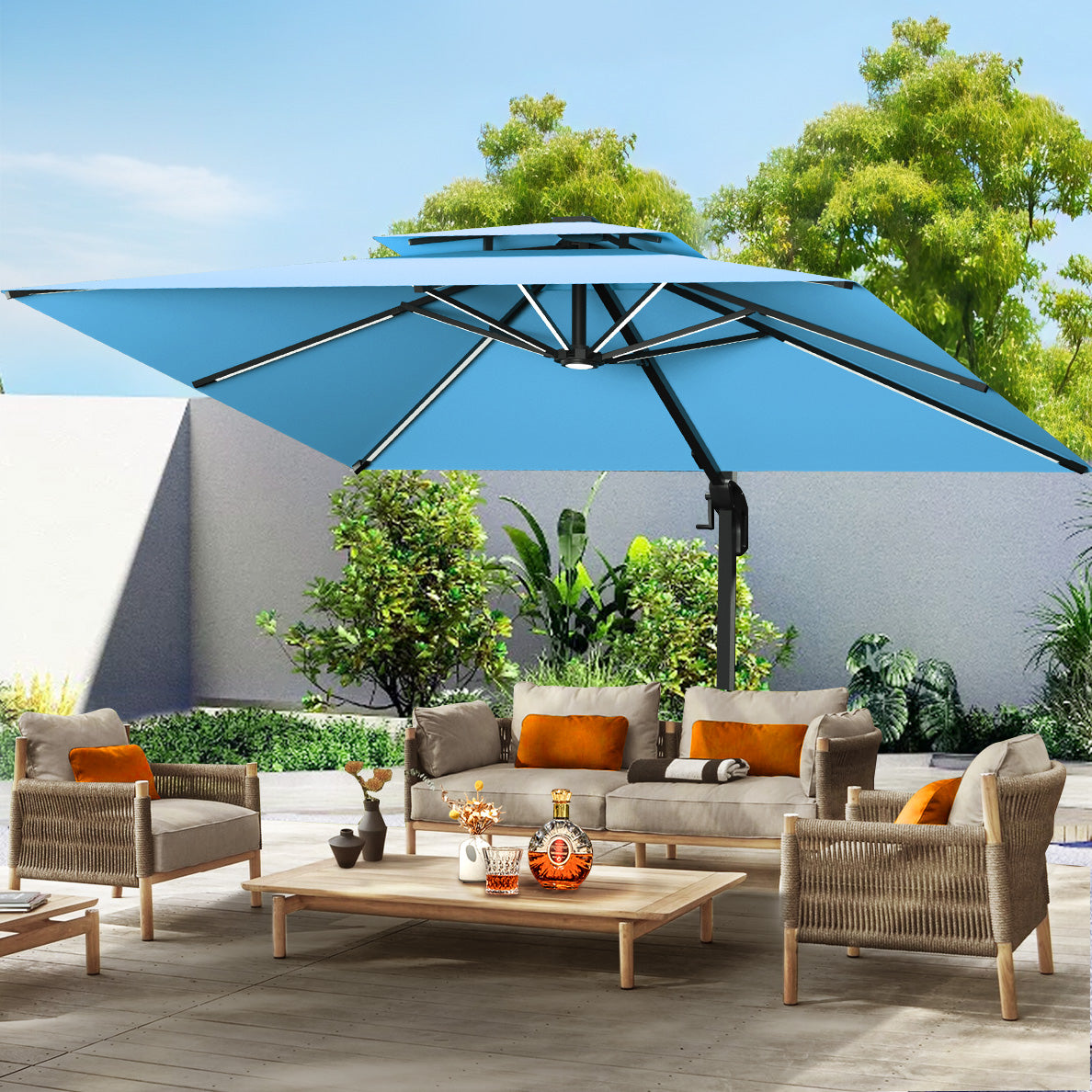 Patioslife Aegis Pro™ Premium Cantilever Umbrella with LED Strip Lights, Fibreglass Ribs & Powder-Coated Aluminium Pole — Luxury Garden & Patio Shade