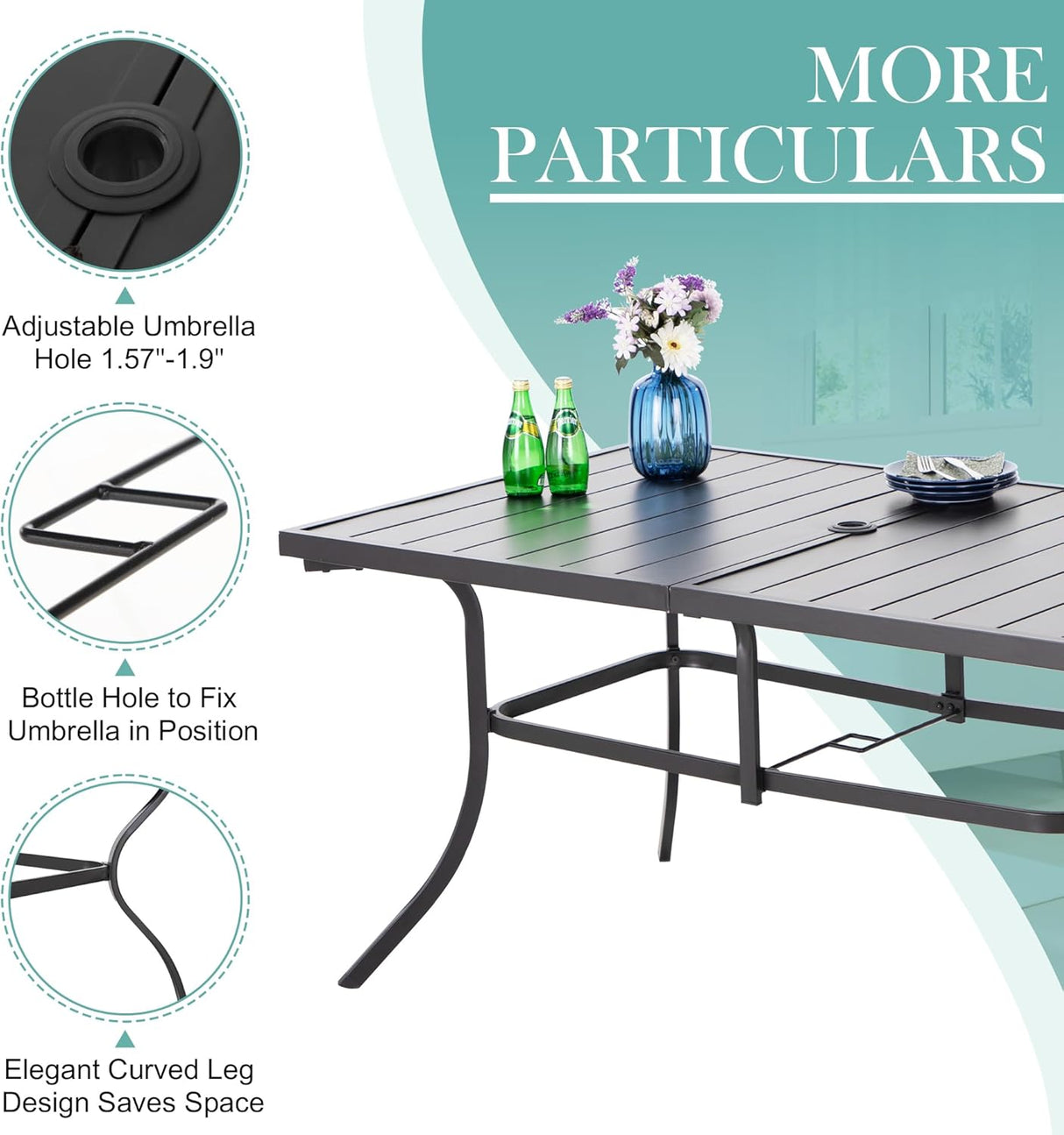 Patioslife 7 PCS Patio Dining Set – Rectangular Table with Umbrella Hole & 6 Cushioned Chairs for Backyard｜Porch｜Balcony｜Deck