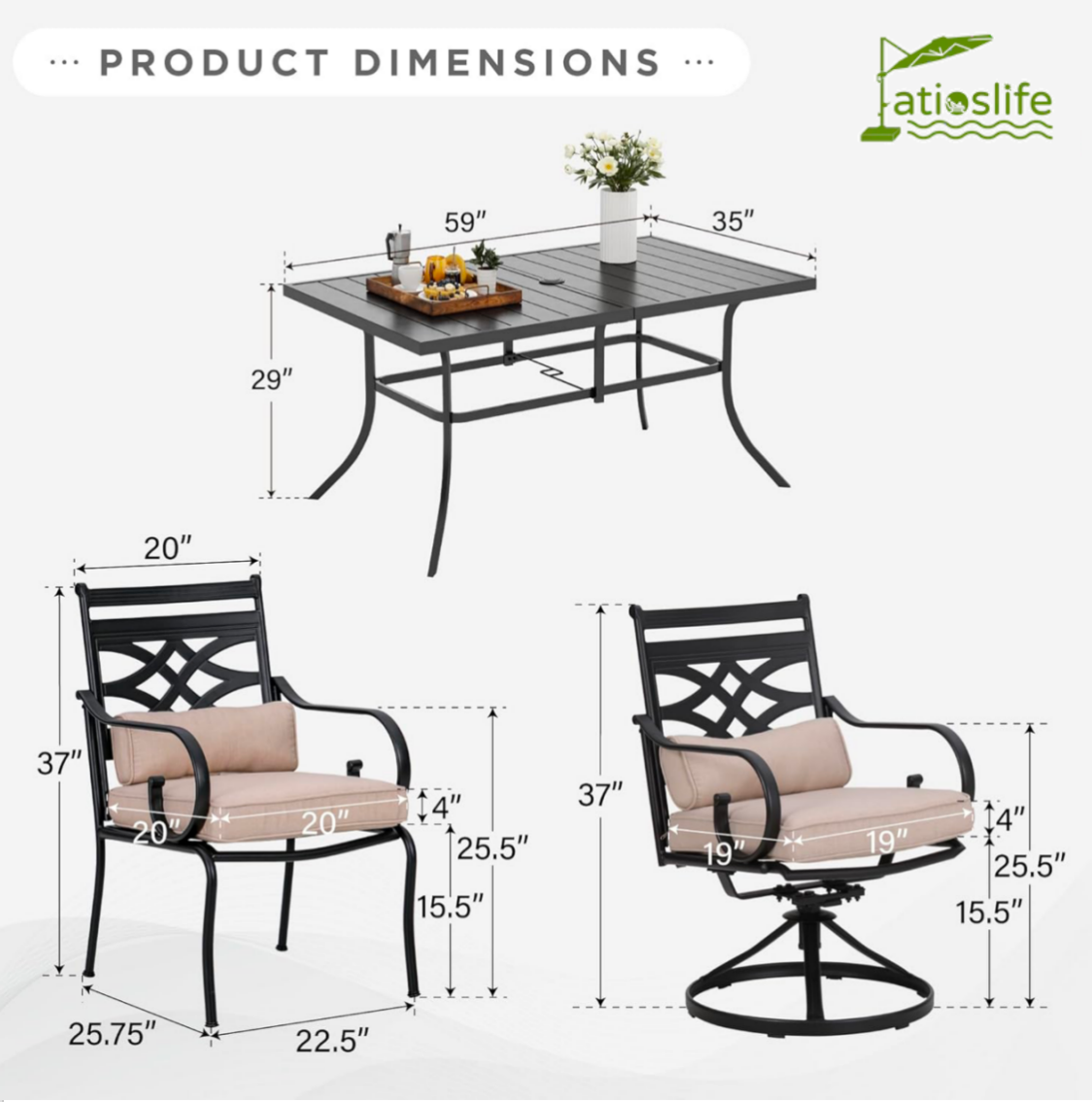 Patioslife 7 PCS Patio Dining Set – Rectangular Table with Umbrella Hole & 6 Cushioned Chairs for Backyard｜Porch｜Balcony｜Deck