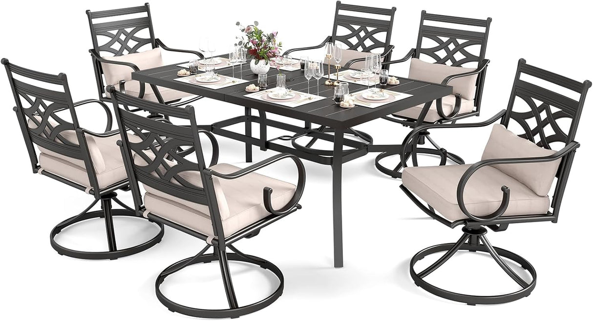 Patioslife 7 PCS Patio Dining Set – Rectangular Table with Umbrella Hole & 6 Cushioned Chairs for Backyard｜Porch｜Balcony｜Deck