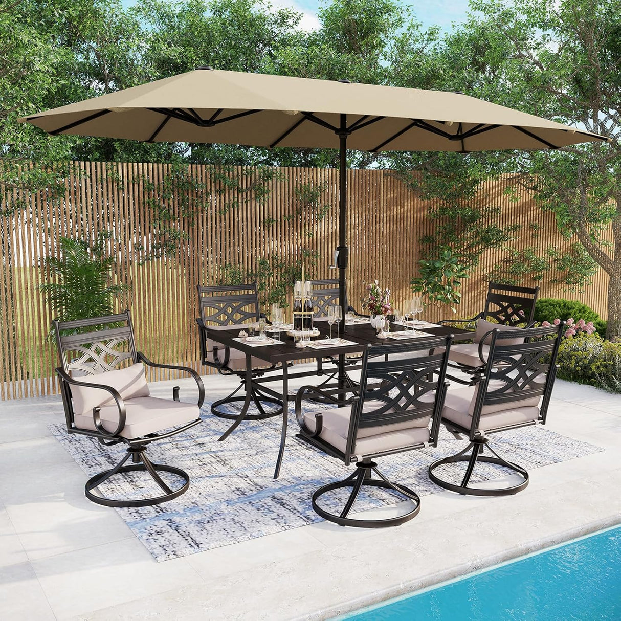 Patioslife 7 PCS Patio Dining Set – Rectangular Table with Umbrella Hole & 6 Cushioned Chairs for Backyard｜Porch｜Balcony｜Deck