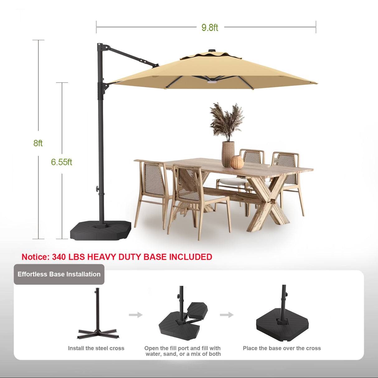 Patioslife Aegis Pro™ All-in-One Shade Round Cantilever Patio Umbrella with solar LED lights | Premium Cover | Large Base