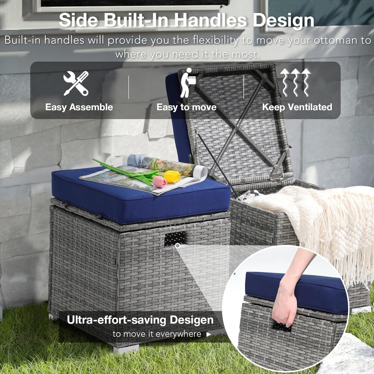 Patioslife Outdoor Ottoman with Storage – Grey PE Rattan Footrest with Thick Cushion for Patio or Pool