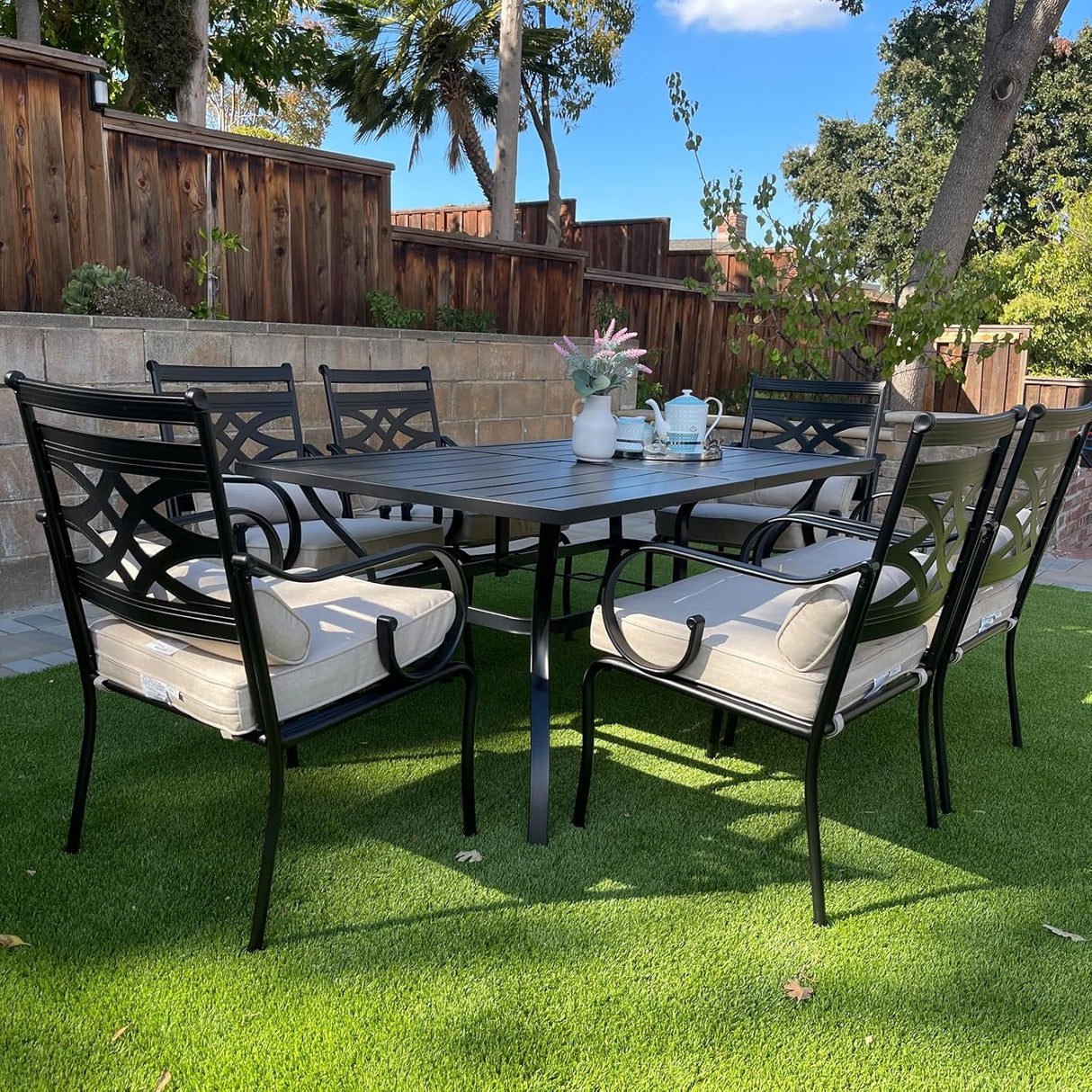 Patioslife 7 PCS Patio Dining Set – Rectangular Table with Umbrella Hole & 6 Cushioned Chairs for Backyard｜Porch｜Balcony｜Deck