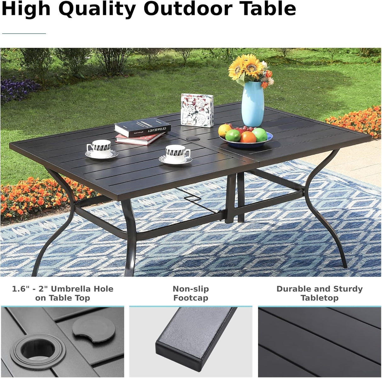 Patioslife 7 PCS Patio Dining Set – Rectangular Table with Umbrella Hole & 6 Cushioned Chairs for Backyard｜Porch｜Balcony｜Deck