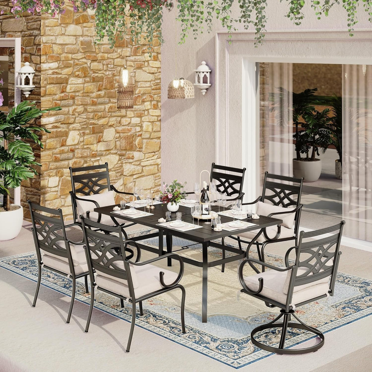 Patioslife 7 PCS Patio Dining Set – Rectangular Table with Umbrella Hole & 6 Cushioned Chairs for Backyard｜Porch｜Balcony｜Deck