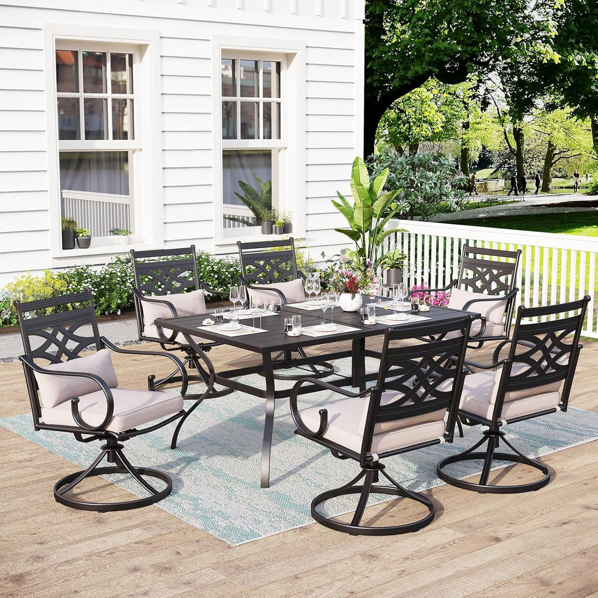 Patioslife 7 PCS Patio Dining Set – Rectangular Table with Umbrella Hole & 6 Cushioned Chairs for Backyard｜Porch｜Balcony｜Deck