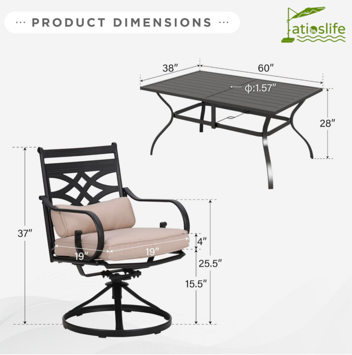 Patioslife 7 PCS Patio Dining Set – Rectangular Table with Umbrella Hole & 6 Cushioned Chairs for Backyard｜Porch｜Balcony｜Deck