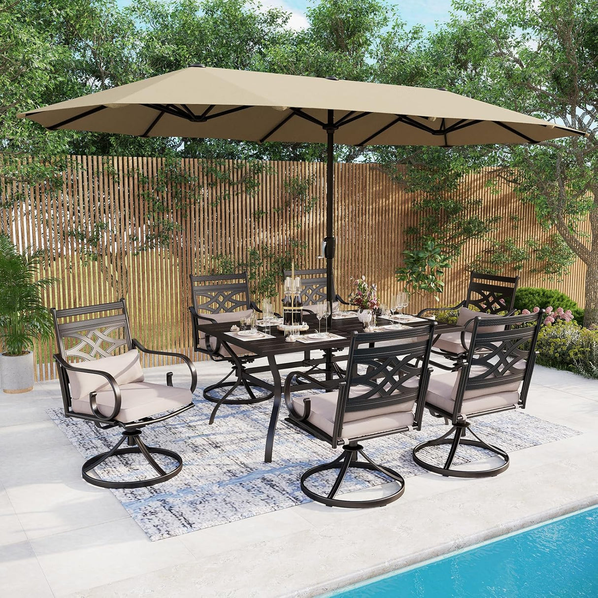 Patioslife 7 PCS Patio Dining Set – Rectangular Table with Umbrella Hole & 6 Cushioned Chairs for Backyard｜Porch｜Balcony｜Deck