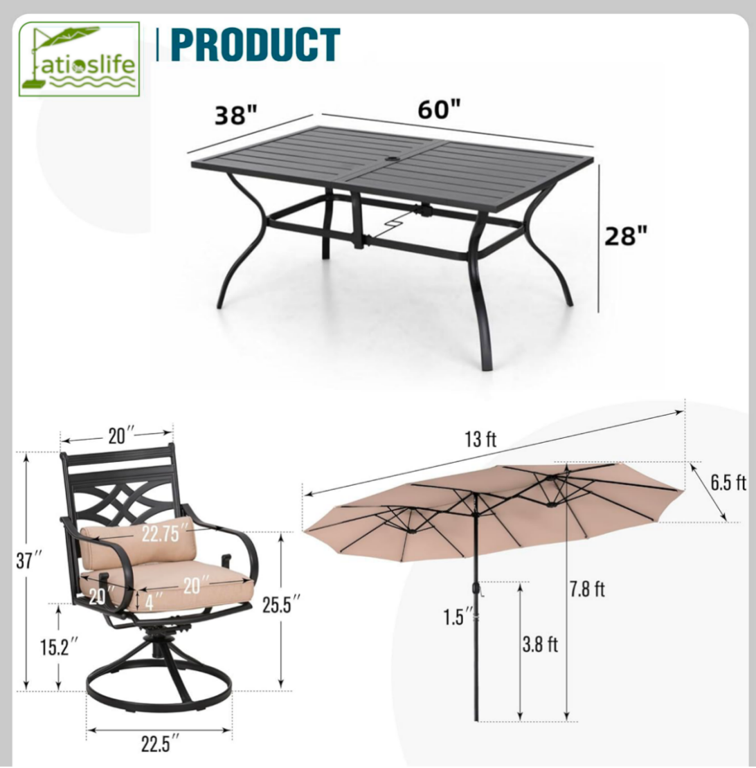 Patioslife 7 PCS Patio Dining Set – Rectangular Table with Umbrella Hole & 6 Cushioned Chairs for Backyard｜Porch｜Balcony｜Deck