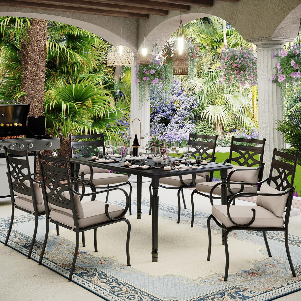 Patioslife 7 PCS Patio Dining Set – Rectangular Table with Umbrella Hole & 6 Cushioned Chairs for Backyard｜Porch｜Balcony｜Deck