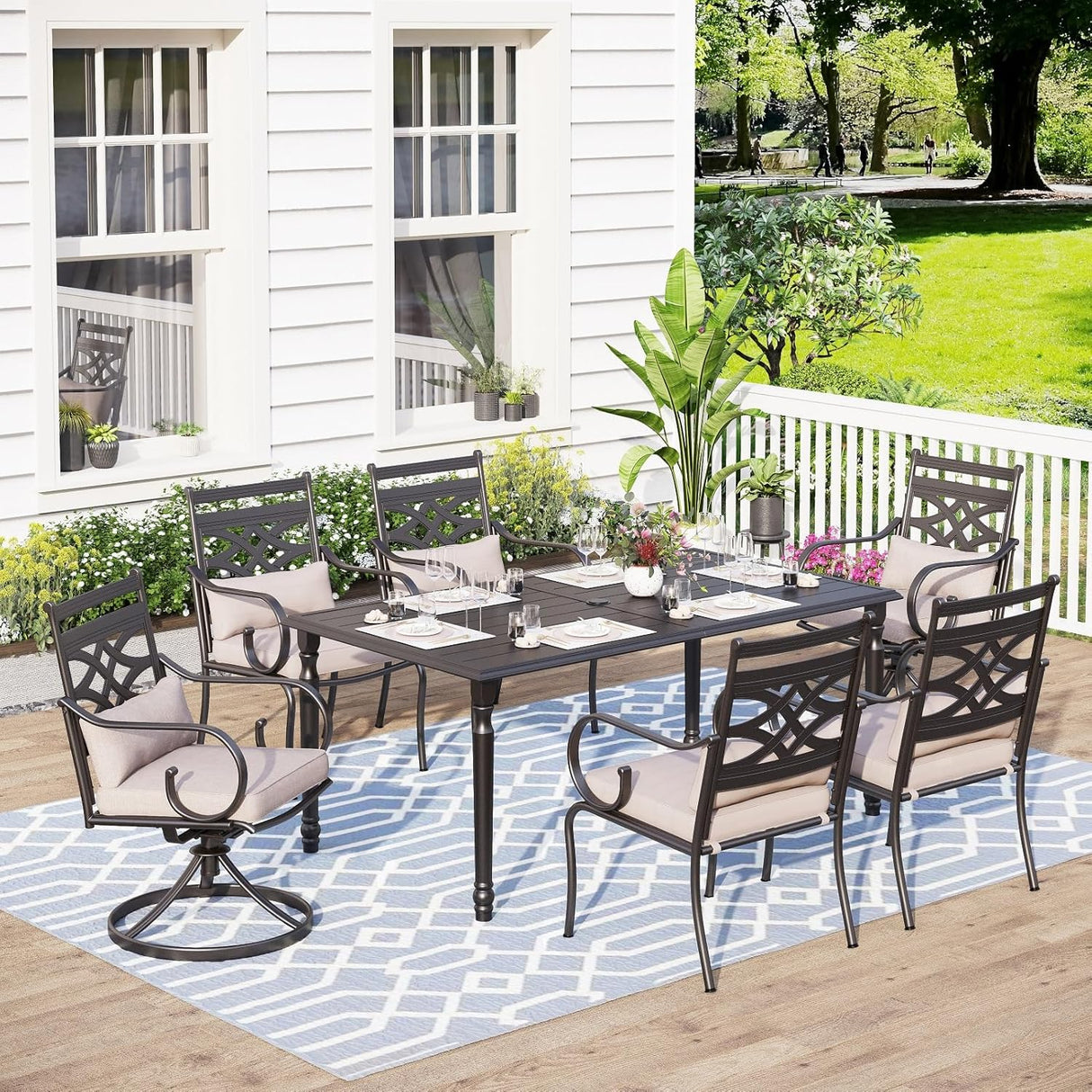 Patioslife 7 PCS Patio Dining Set – Rectangular Table with Umbrella Hole & 6 Cushioned Chairs for Backyard｜Porch｜Balcony｜Deck