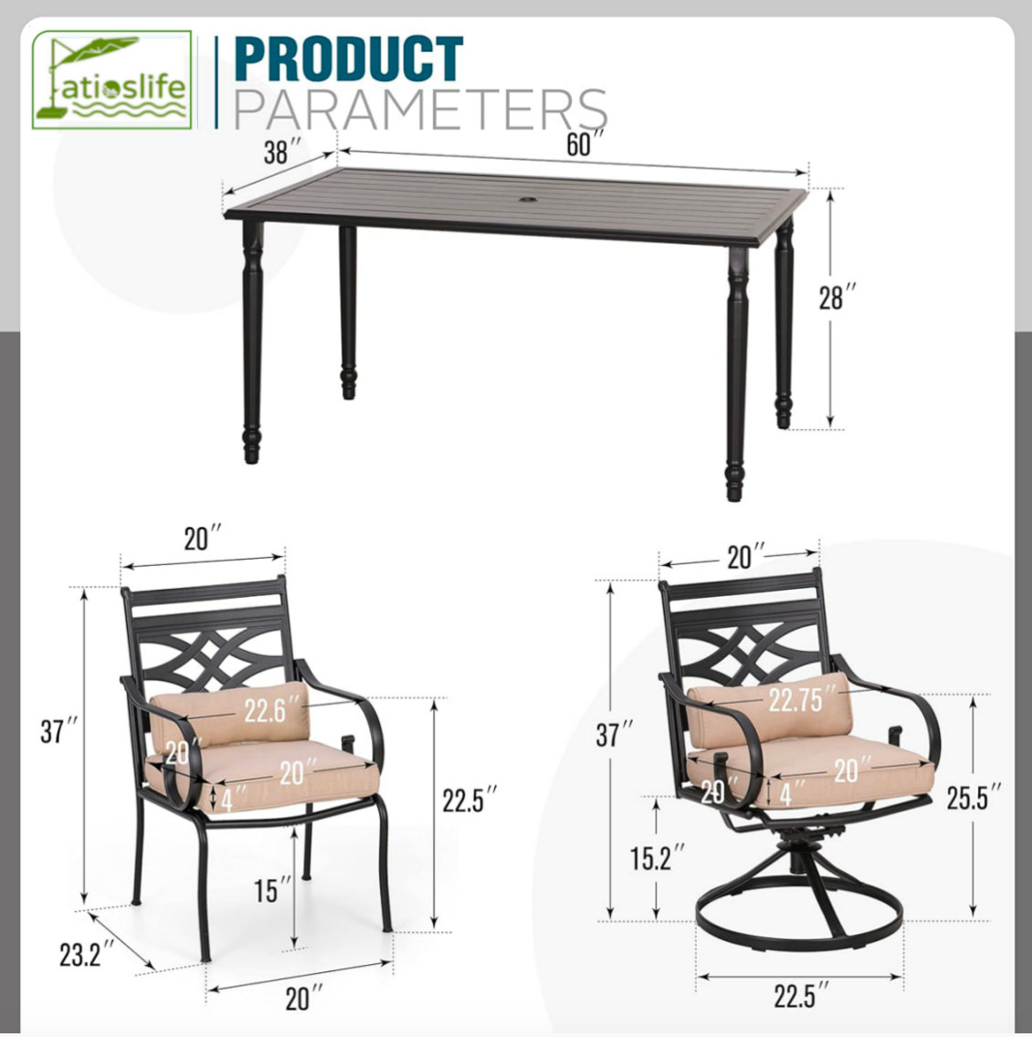 Patioslife 7 PCS Patio Dining Set – Rectangular Table with Umbrella Hole & 6 Cushioned Chairs for Backyard｜Porch｜Balcony｜Deck