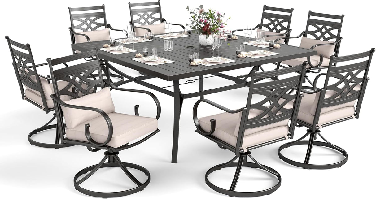 Patioslife 7 PCS Patio Dining Set – Rectangular Table with Umbrella Hole & 6 Cushioned Chairs for Backyard｜Porch｜Balcony｜Deck