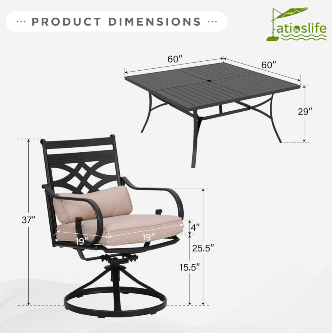 Patioslife 7 PCS Patio Dining Set – Rectangular Table with Umbrella Hole & 6 Cushioned Chairs for Backyard｜Porch｜Balcony｜Deck