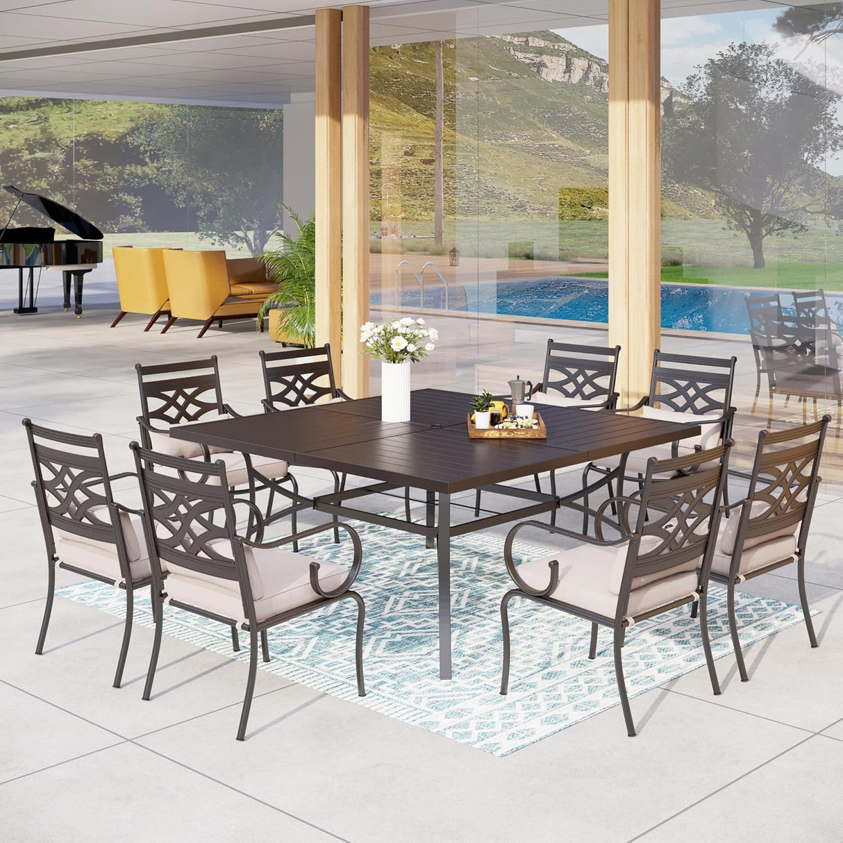 Patioslife 7 PCS Patio Dining Set – Rectangular Table with Umbrella Hole & 6 Cushioned Chairs for Backyard｜Porch｜Balcony｜Deck
