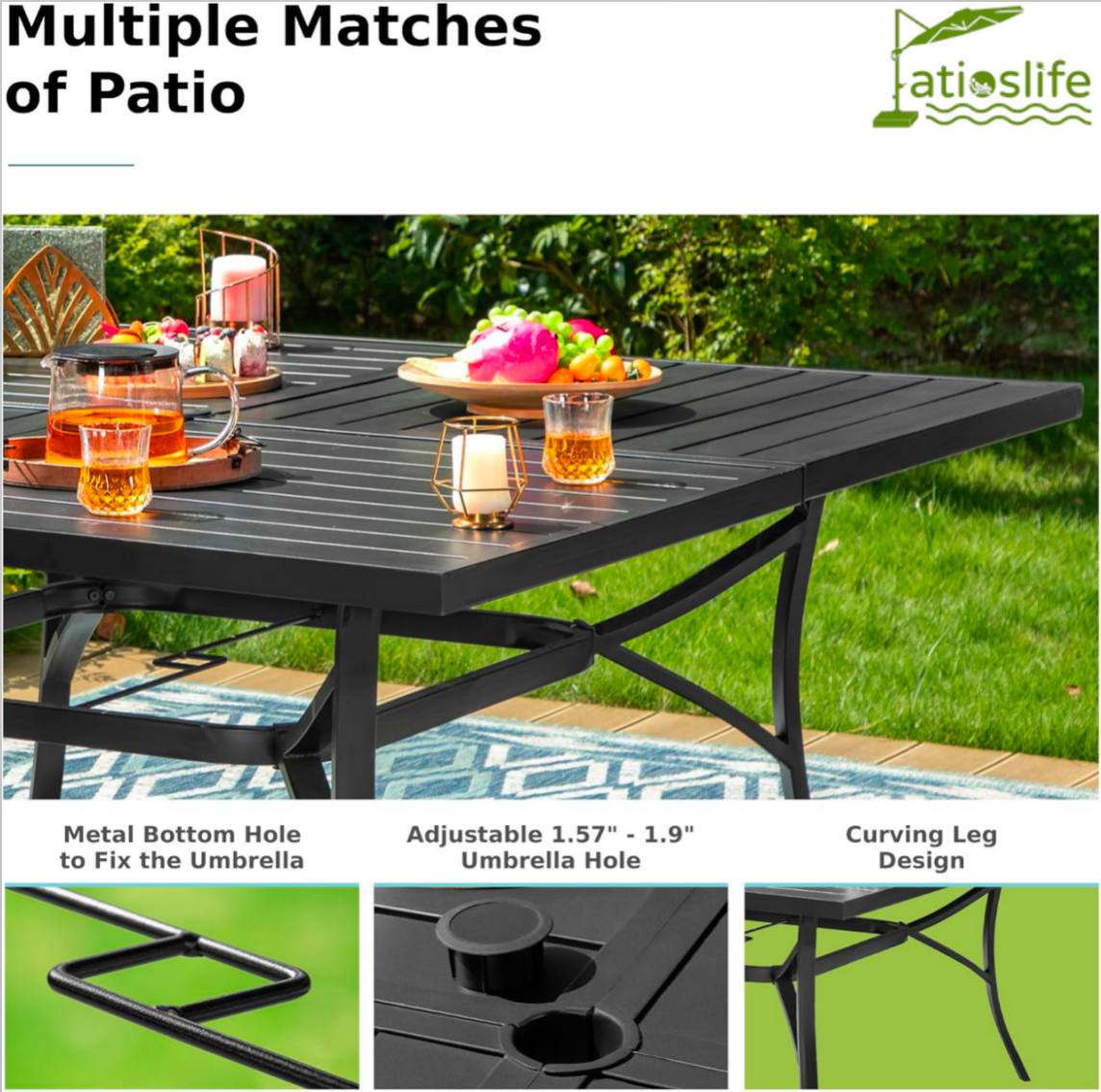 Patioslife 7 PCS Patio Dining Set – Rectangular Table with Umbrella Hole & 6 Cushioned Chairs for Backyard｜Porch｜Balcony｜Deck