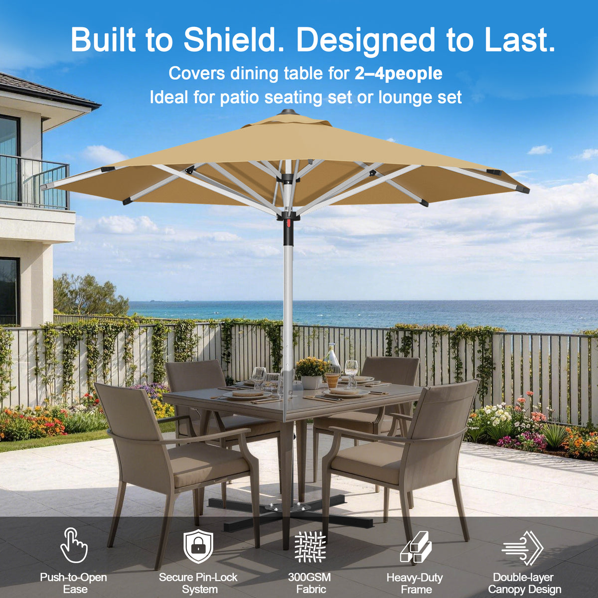 Patioslife 9ft, 10ft & 11ft Patio Umbrella – Round & Square Heavy Duty Aluminum Outdoor Market Umbrella with Double Vented Canopy