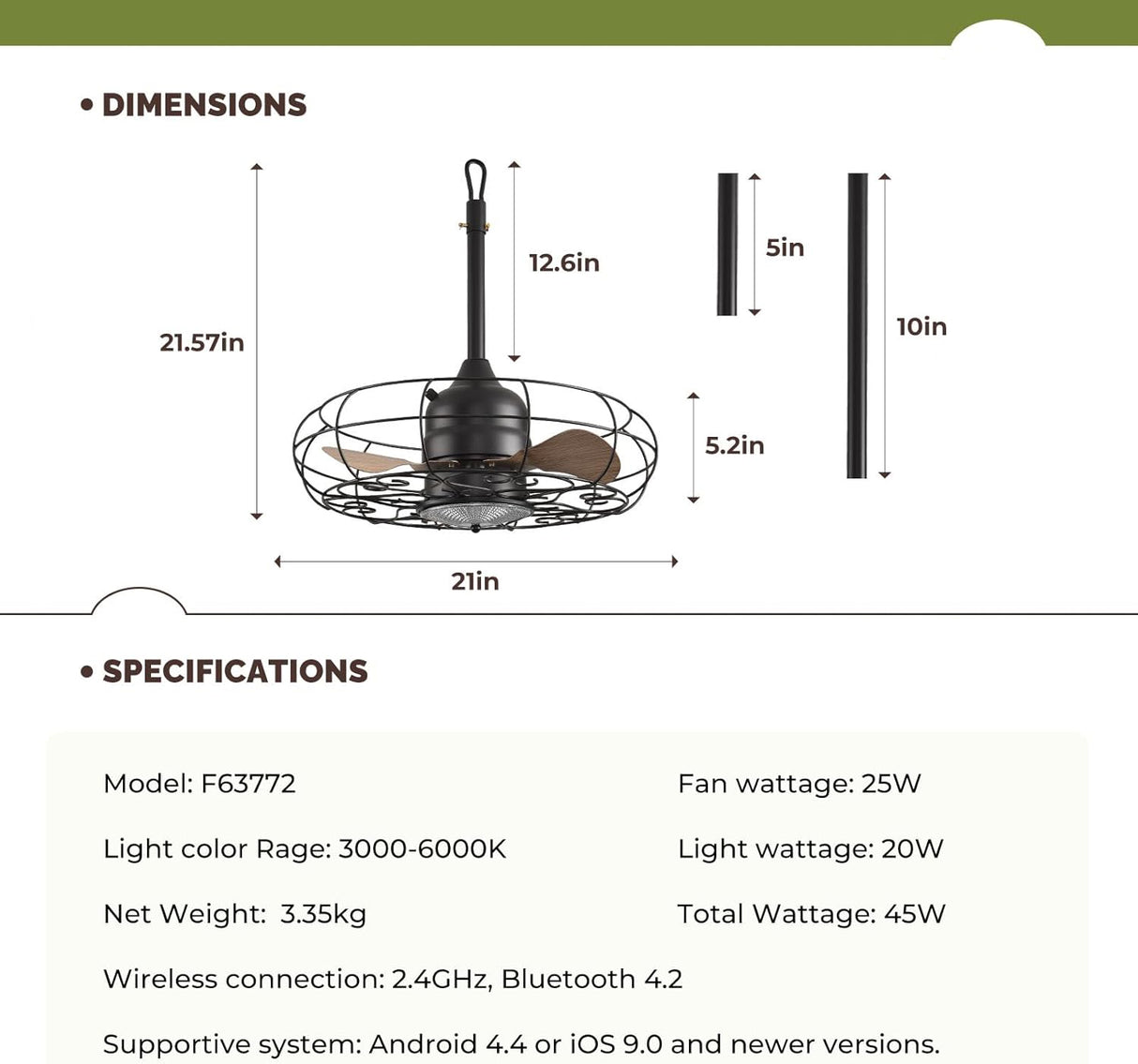 Patioslife Outdoor Ceiling Fans with Light for Patios,Waterproof Gazebo Fan with Remote Control Wet Rated Outdoor Hanging Fan for Pergola