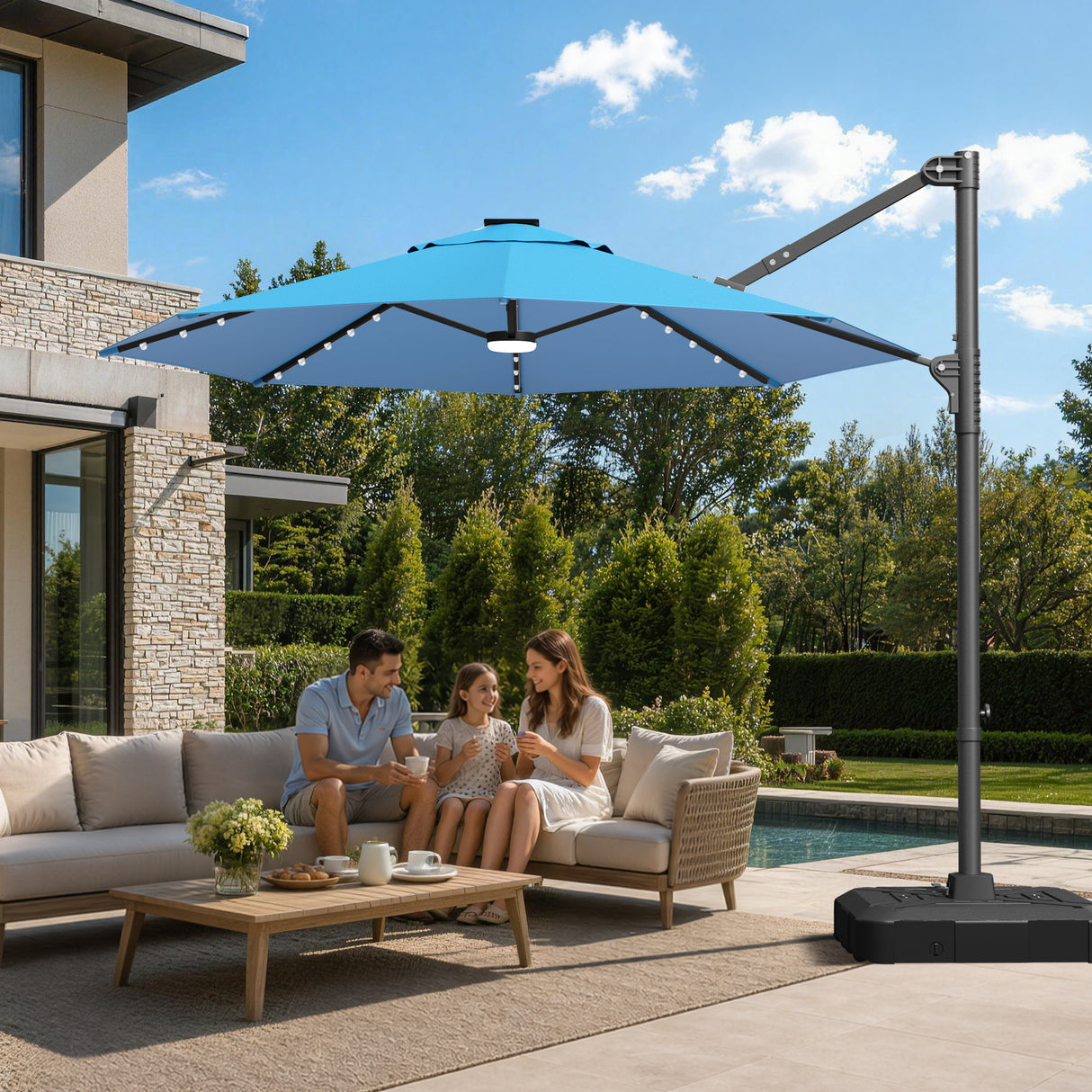Patioslife Aegis 10ft Round Cantilever Patio Umbrella with solar LED lights | Premium Cover | Large Base