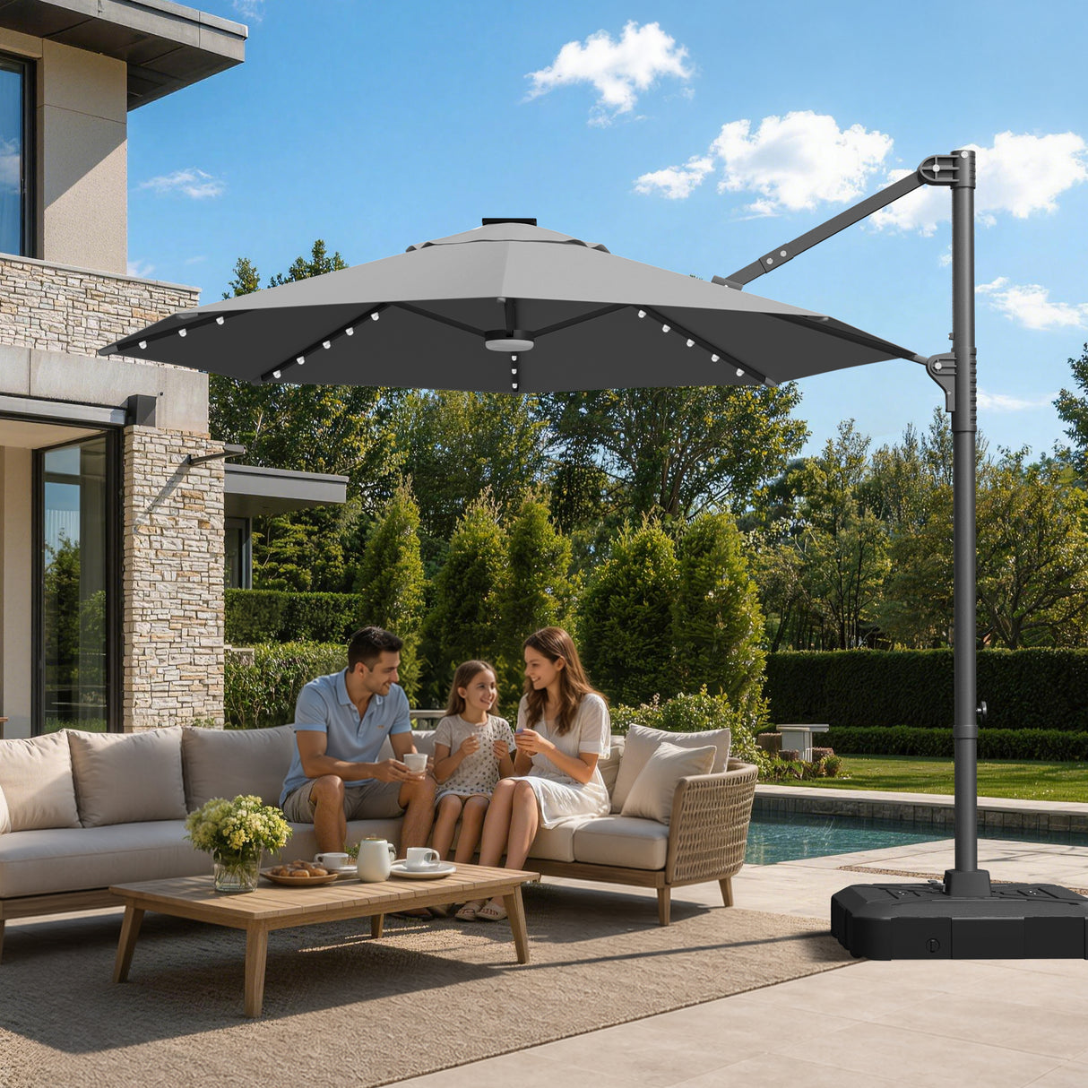 Patioslife Aegis 10ft Round Cantilever Patio Umbrella with solar LED lights | Premium Cover | Large Base