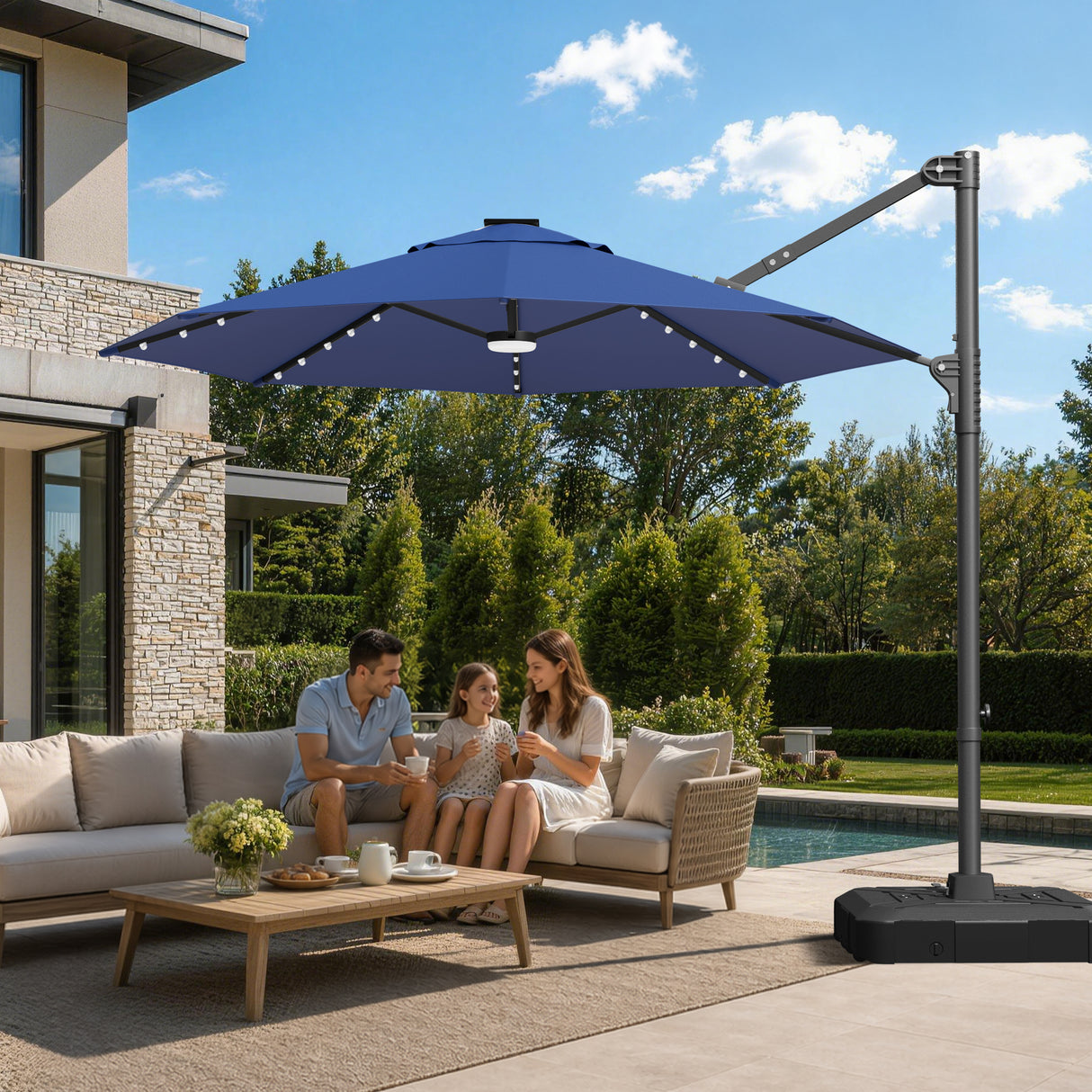 Patioslife Aegis 10ft Round Cantilever Patio Umbrella with solar LED lights | Premium Cover | Large Base