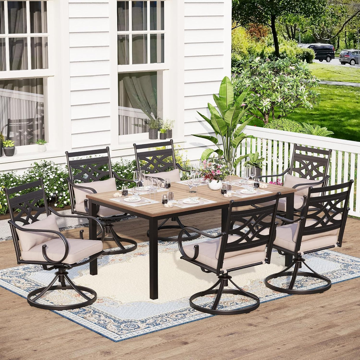 Patioslife 7 PCS Patio Dining Set – Rectangular Table with Umbrella Hole & 6 Cushioned Chairs for Backyard｜Porch｜Balcony｜Deck