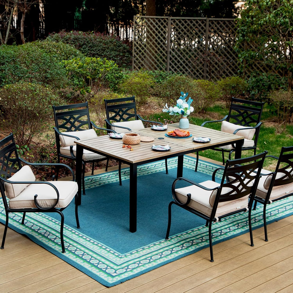 Patioslife 7 PCS Patio Dining Set – Rectangular Table with Umbrella Hole & 6 Cushioned Chairs for Backyard｜Porch｜Balcony｜Deck