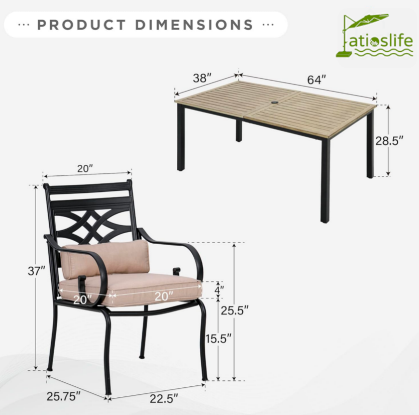 Patioslife 7 PCS Patio Dining Set – Rectangular Table with Umbrella Hole & 6 Cushioned Chairs for Backyard｜Porch｜Balcony｜Deck
