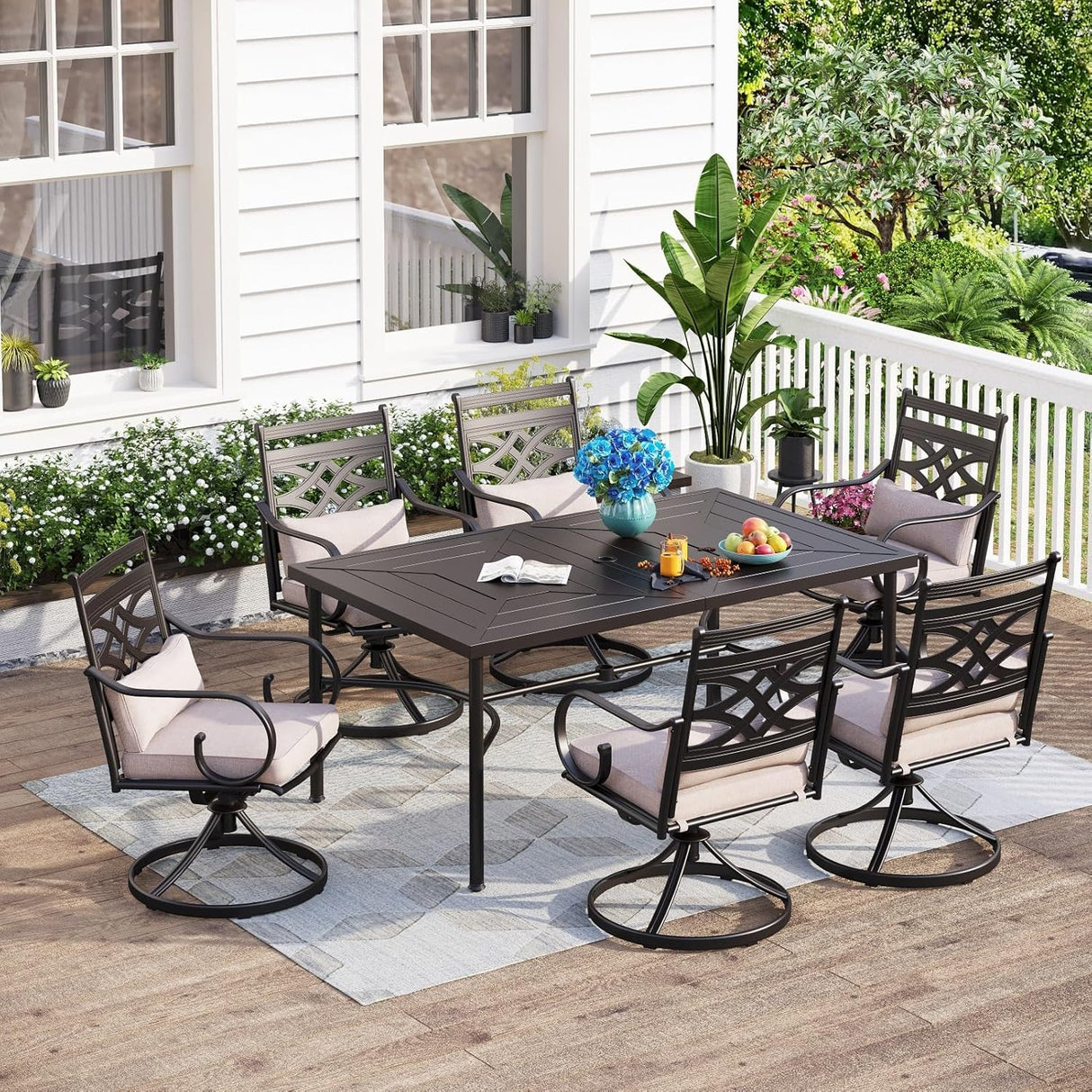 Patioslife 7 PCS Patio Dining Set – Rectangular Table with Umbrella Hole & 6 Cushioned Chairs for Backyard｜Porch｜Balcony｜Deck
