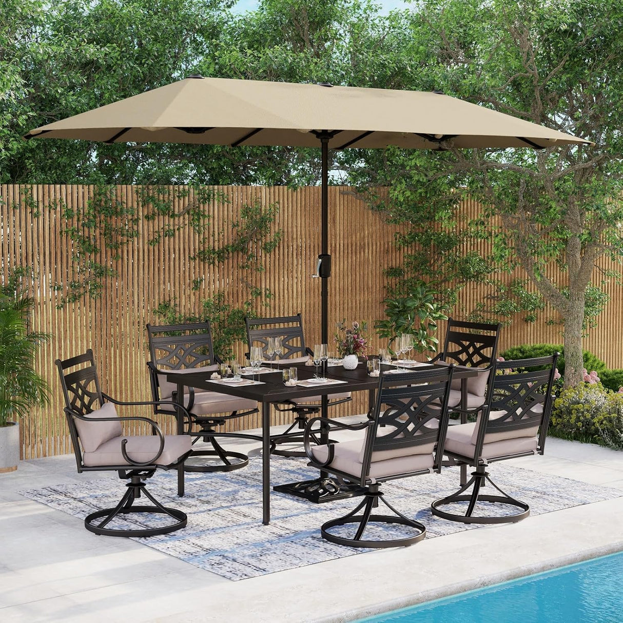 Patioslife 7 PCS Patio Dining Set – Rectangular Table with Umbrella Hole & 6 Cushioned Chairs for Backyard｜Porch｜Balcony｜Deck