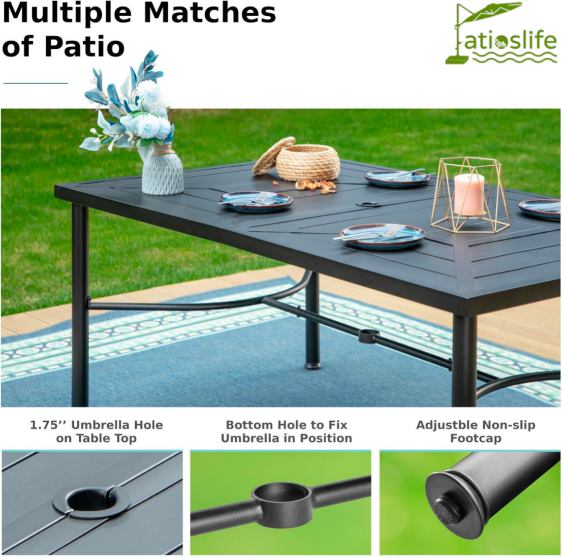 Patioslife 7 PCS Patio Dining Set – Rectangular Table with Umbrella Hole & 6 Cushioned Chairs for Backyard｜Porch｜Balcony｜Deck