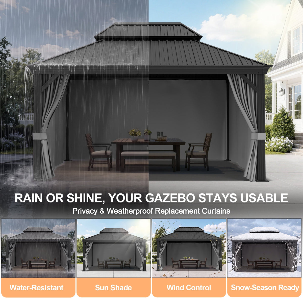 Patioslife Gazebo Replacement Curtain – 350GSM Solid Privacy Panel, Double Track Sliding Curtain for Outdoor Gazebo