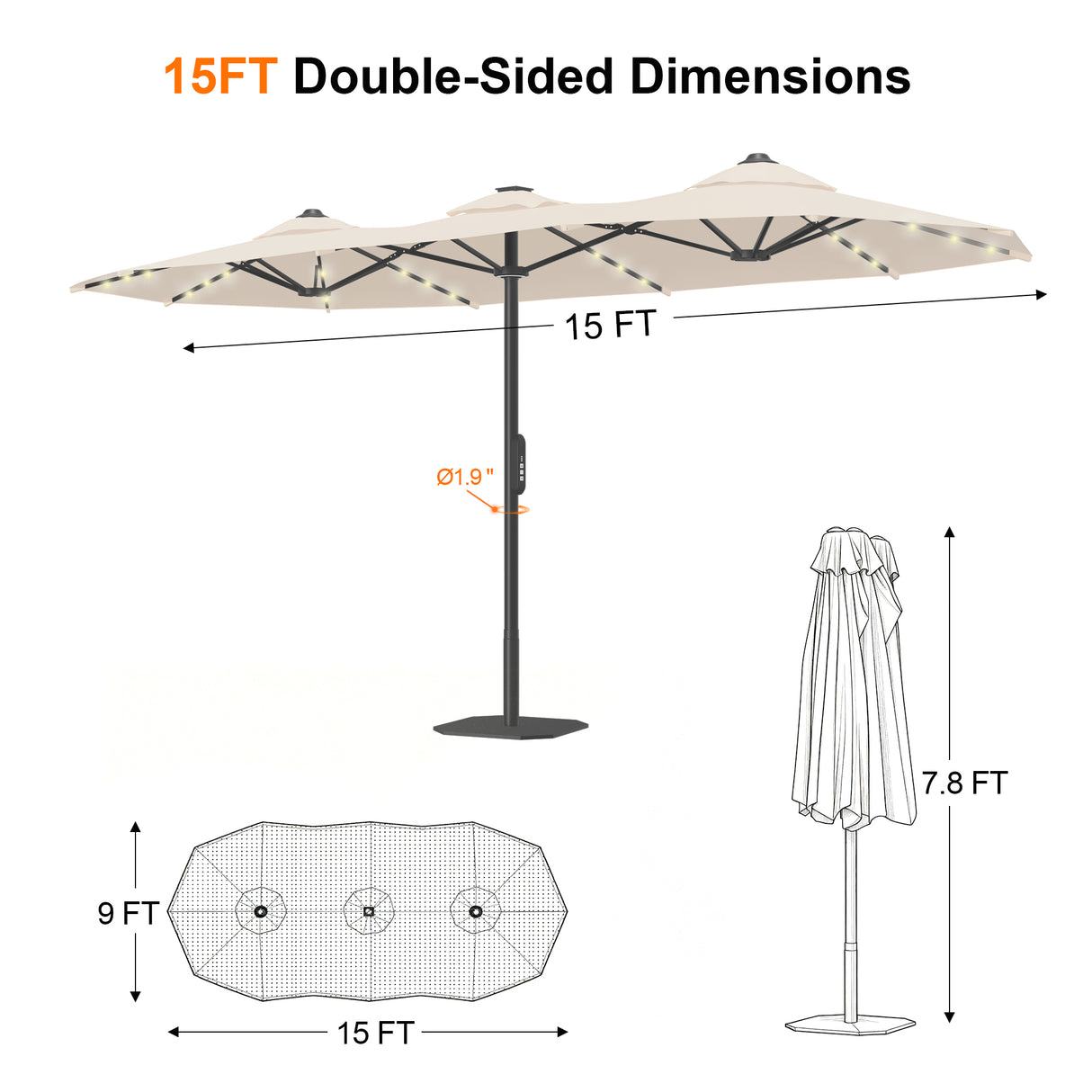 Patioslife Aegis Premium Motorized Double-Sided Patio Umbrella — Remote Control, UPF 50+, Solar LED & Windproof Frame