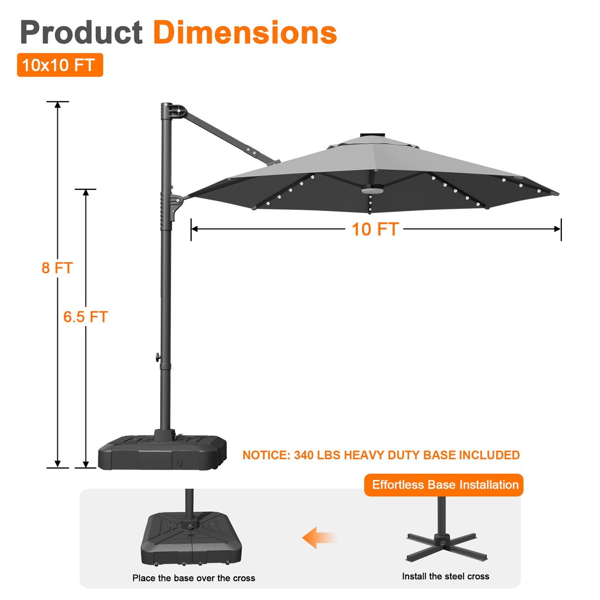 Patioslife Aegis 10ft Round Cantilever Patio Umbrella with solar LED lights | Premium Cover | Large Base