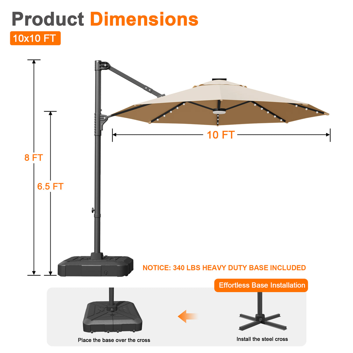 Patioslife Aegis 10ft Round Cantilever Patio Umbrella with solar LED lights | Premium Cover | Large Base