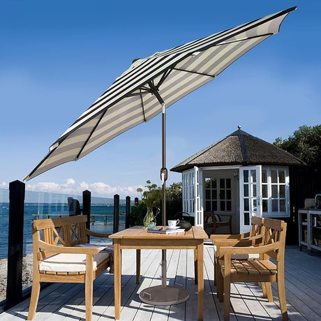black and cream patio umbrella KXWOQ3ED 9ft Round Wood Market Umbrella, White Striped, Outdoor Table with Pulley Lift, 8 Ribs Polyester Fabric, Sun Umbrella for Garden Deck Pool Backyard : Patio, Lawn while a push button makes opening the umbrella a breeze 10' Round Sunbrella Canvas White