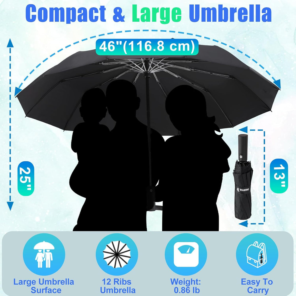 Patioslife 46-Inch Large Windproof Travel Umbrella with 12 Ribs, for Commuting, Business, and Outdoor Use