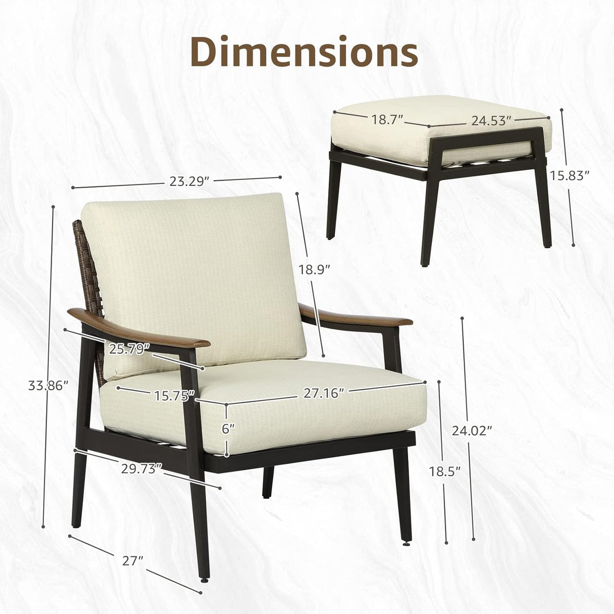 Patioslife Sofa Outdoor Furniture Metal Chair with Wicker Backrest & 6 Inches Cushion for Indoor, Front Porch, Deck, Balcony, Backyard, Sunroom