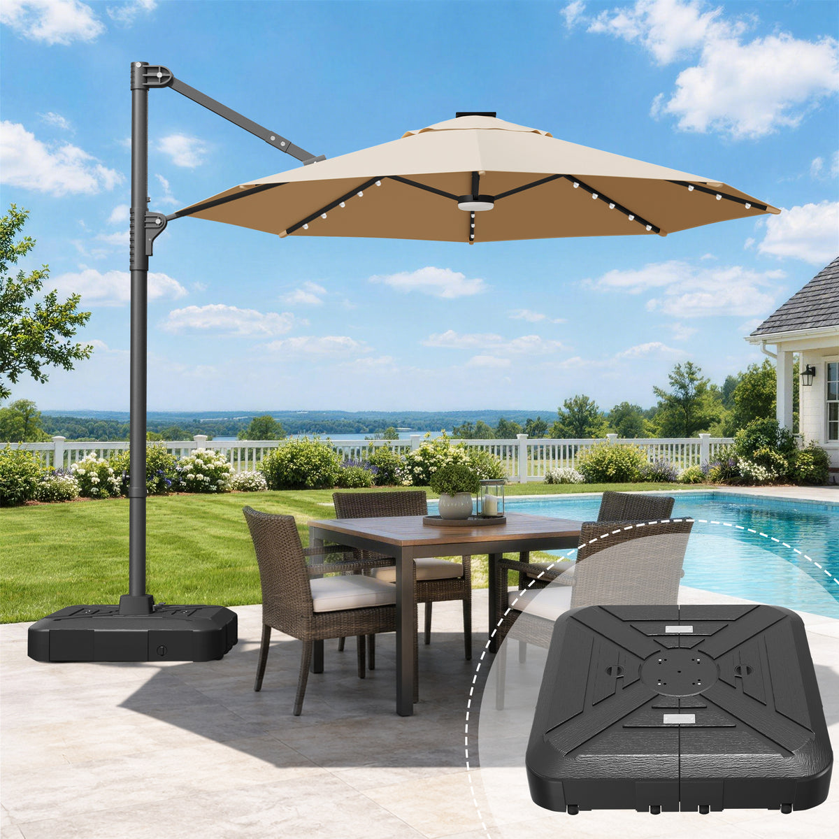 Patioslife Aegis 10ft Round Cantilever Patio Umbrella with solar LED lights | Premium Cover | Large Base