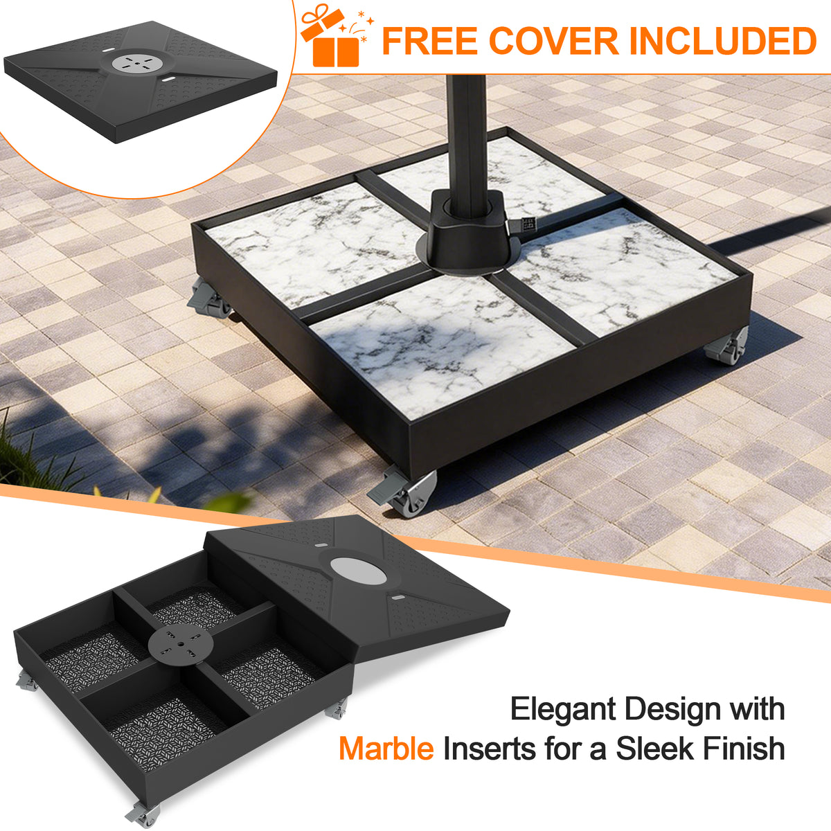 Patioslife Heavy-Duty Cantilever Umbrella Base with Wheels and Lock up to 880lb, Decorative Modular Rolling Stand Compatible with Aegis Series and Most Offset Umbrellas, with Free Lid