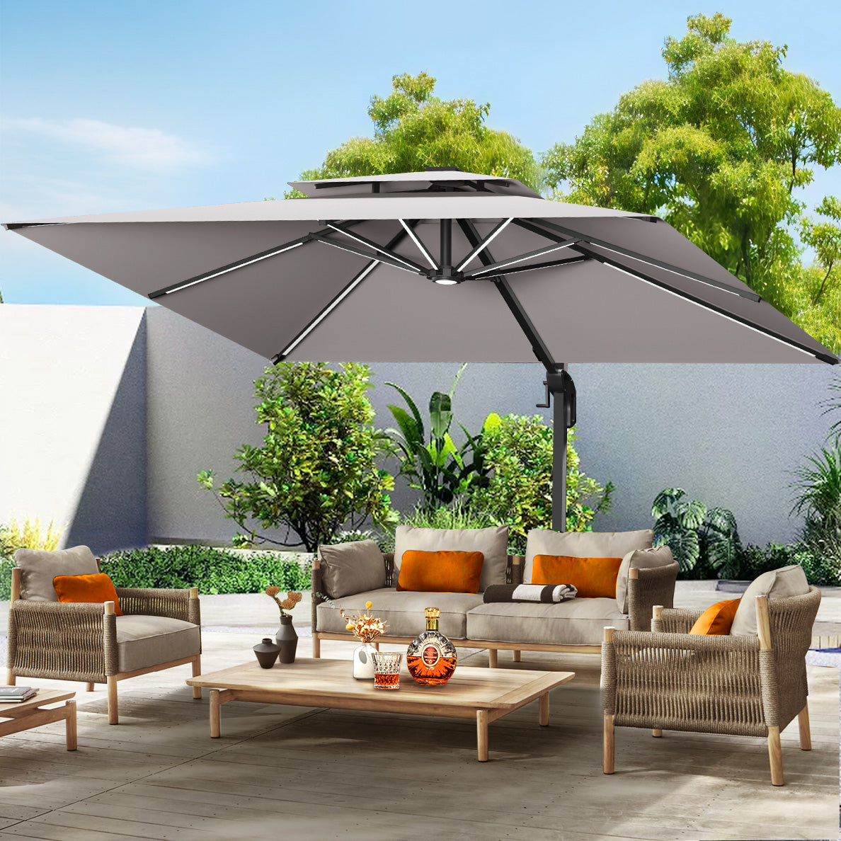 Patioslife Aegis Pro™ Premium Cantilever Umbrella with LED Strip Lights, Fibreglass Ribs & Powder-Coated Aluminium Pole — Luxury Garden & Patio Shade