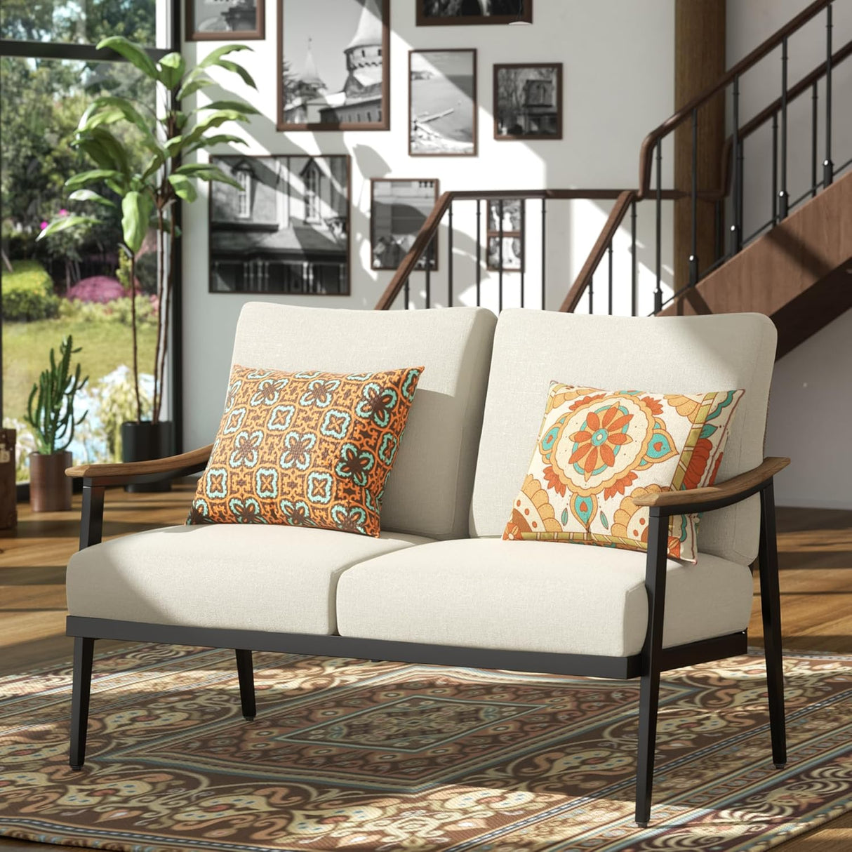 Patioslife Sofa Outdoor Furniture Metal Chair with Wicker Backrest & 6 Inches Cushion for Indoor, Front Porch, Deck, Balcony, Backyard, Sunroom
