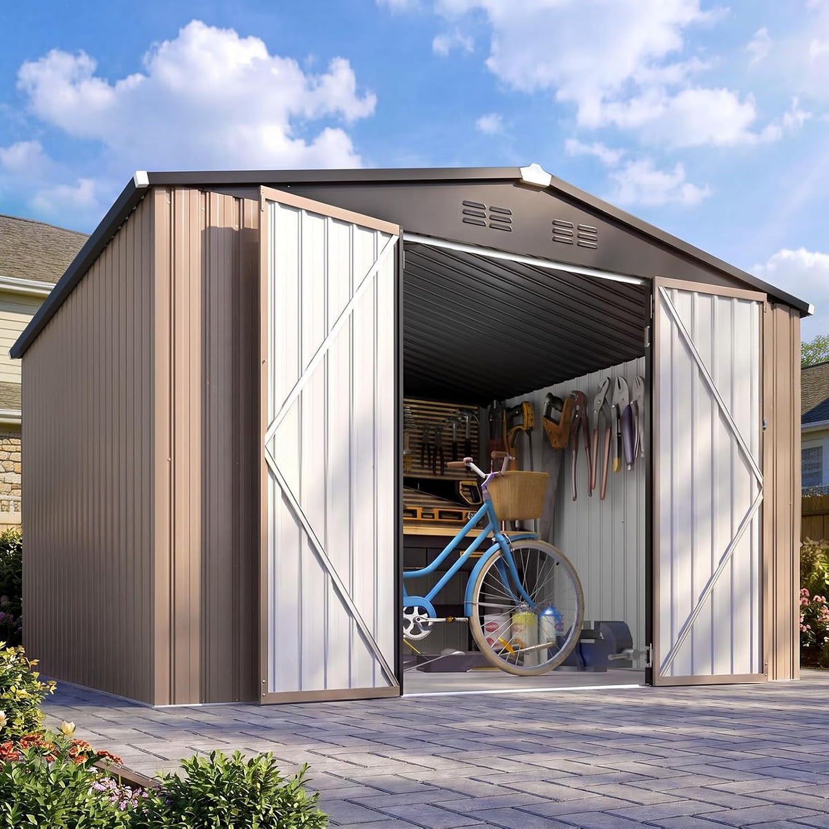 Patioslife Galvanized Steel Metal Storage Shed, Gable Roof Outdoor Shed for Backyard Garden Tools, Rust-Resistant Utility Tool Shed-Patioslife