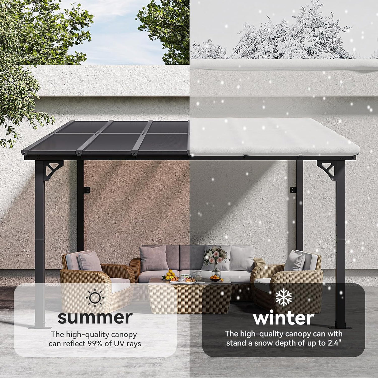 Patioslife Large Wall-Mounted Heavy Duty Awnings Gazebos Pergola UV & Rain Protection for Patio, Decks, Backyard