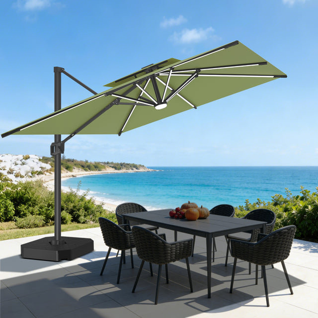 Patioslife Aegis Premium Cantilever Umbrella with Built-In LED Strip Lights and Reinforced Aluminum Ribs & Pole for Patios & Gardens
