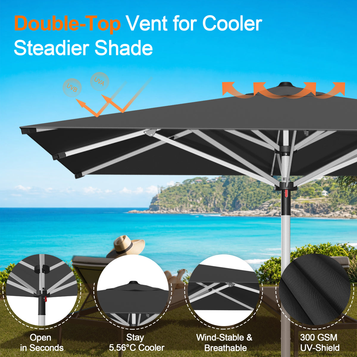 Patioslife 9ft, 10ft & 11ft Patio Umbrella – Round & Square Heavy Duty Aluminum Outdoor Market Umbrella with Double Vented Canopy